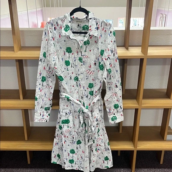 Boden White Long-Sleeve Shirt Dress with Green Tree Print - Picture 2 of 11
